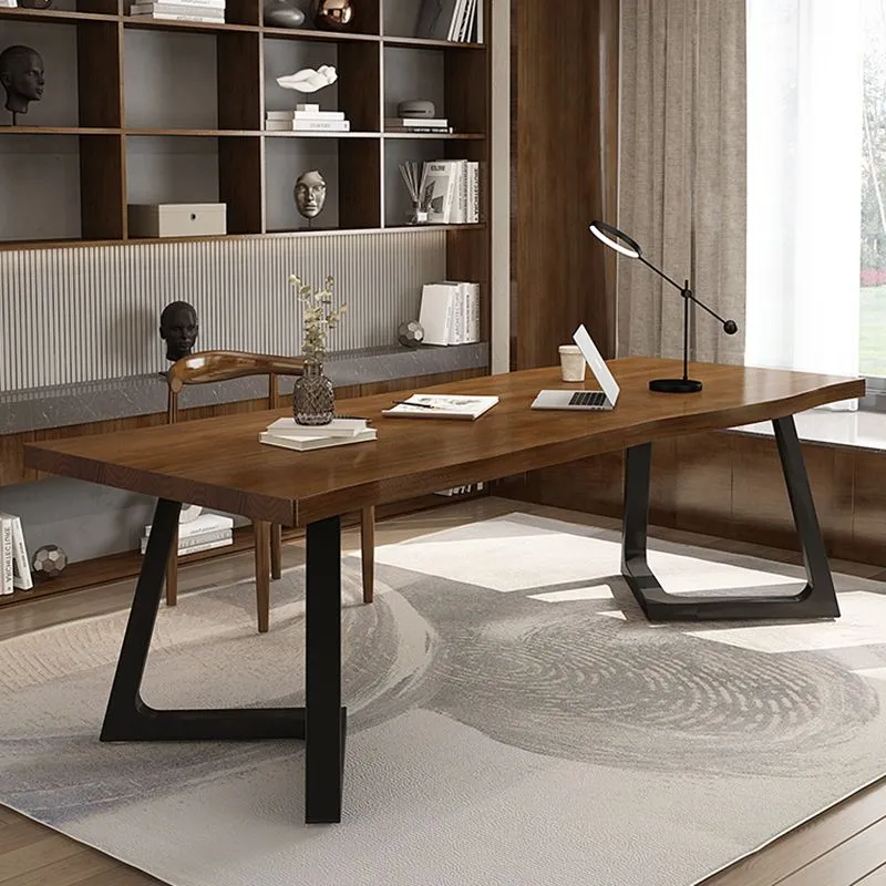 Table de travail à domicile de forme irrégulière, bureau d'écriture en bois marron Clearhalo