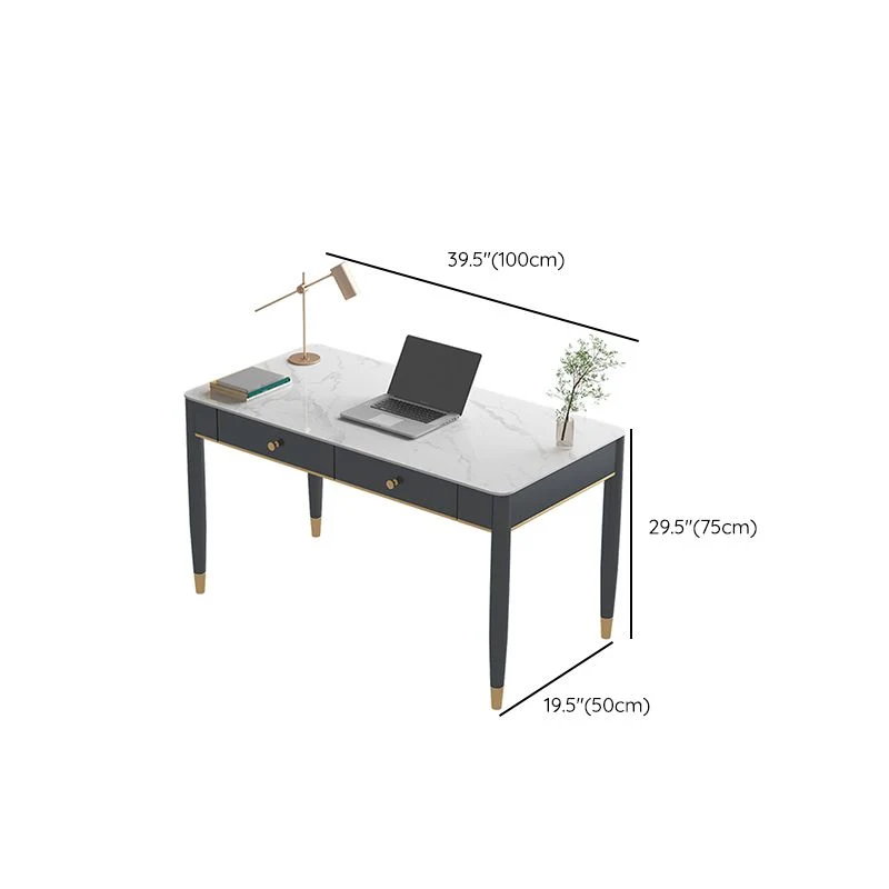 Table de travail à domicile de forme rectangulaire, bureau d'écriture en pierre en blanc et noir Clearhalo