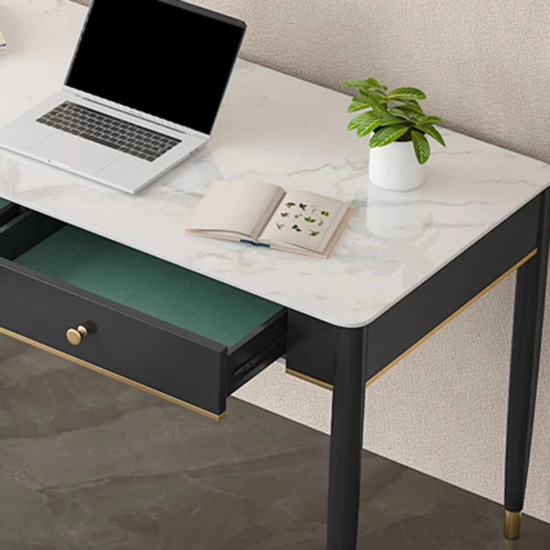 Table de travail à domicile de forme rectangulaire, bureau d'écriture en pierre en blanc et noir Clearhalo