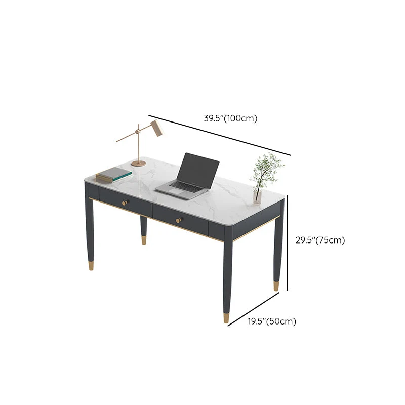 Table de travail à domicile de forme rectangulaire, bureau d'écriture en pierre en blanc et noir Clearhalo