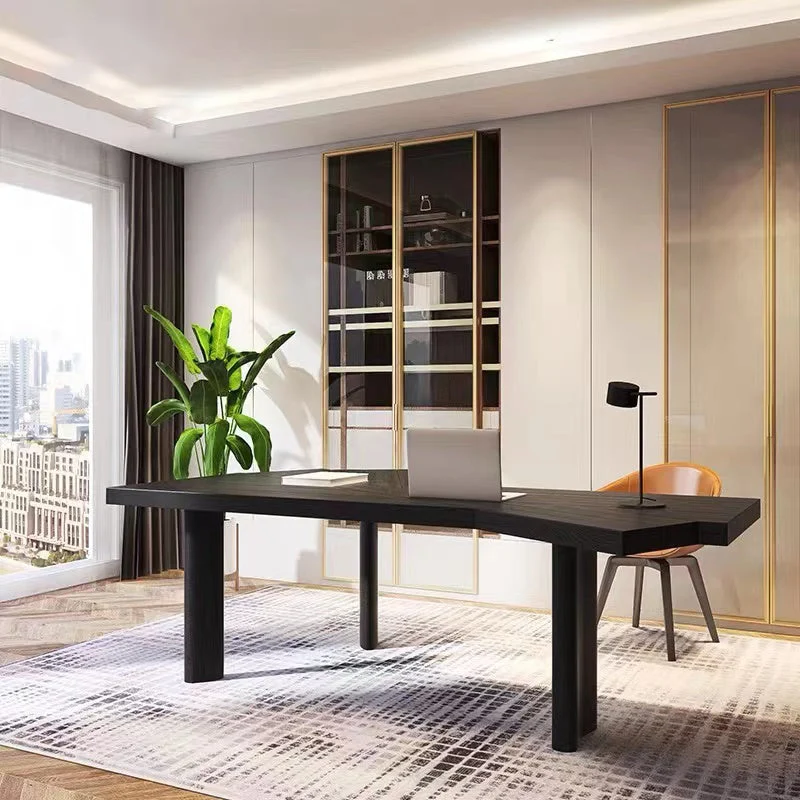 Table de travail fixe en bois massif de bureau industriel de forme libre Clearhalo