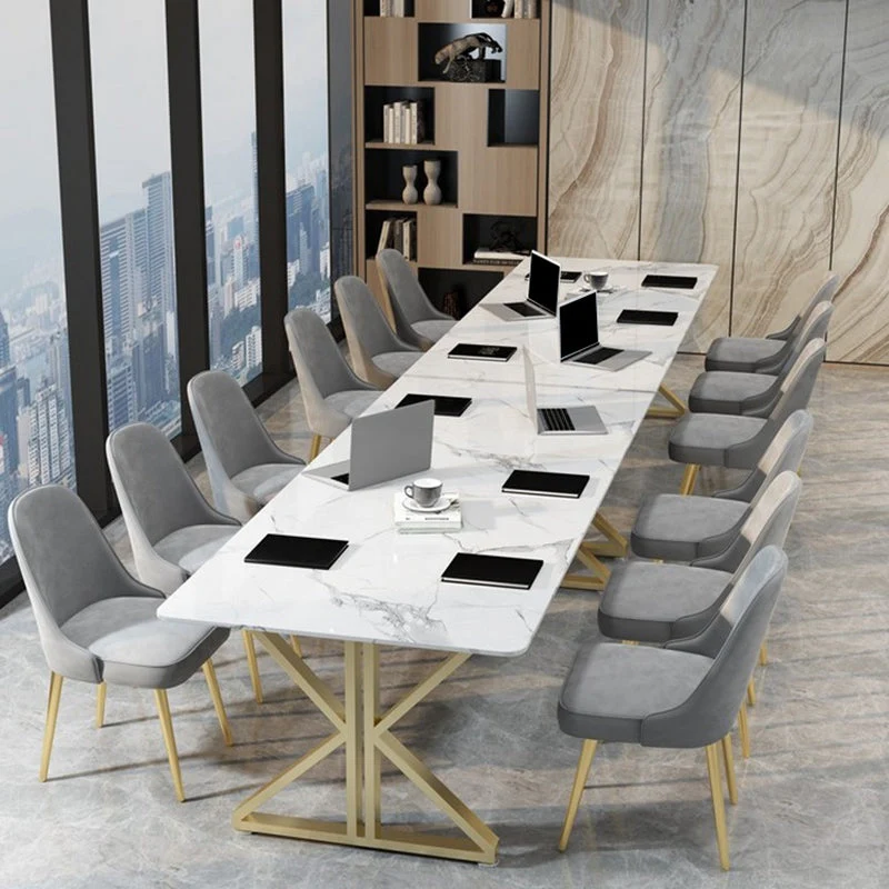 Tables de travail de bureau de forme rectangulaire, bureaux d'écriture en pierre en blanc Clearhalo
