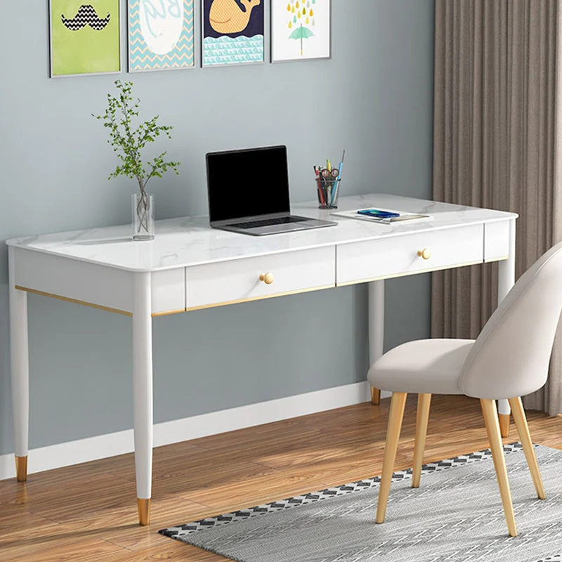 Tables de travail à domicile de forme rectangulaire, bureau d'écriture en pierre blanc Clearhalo