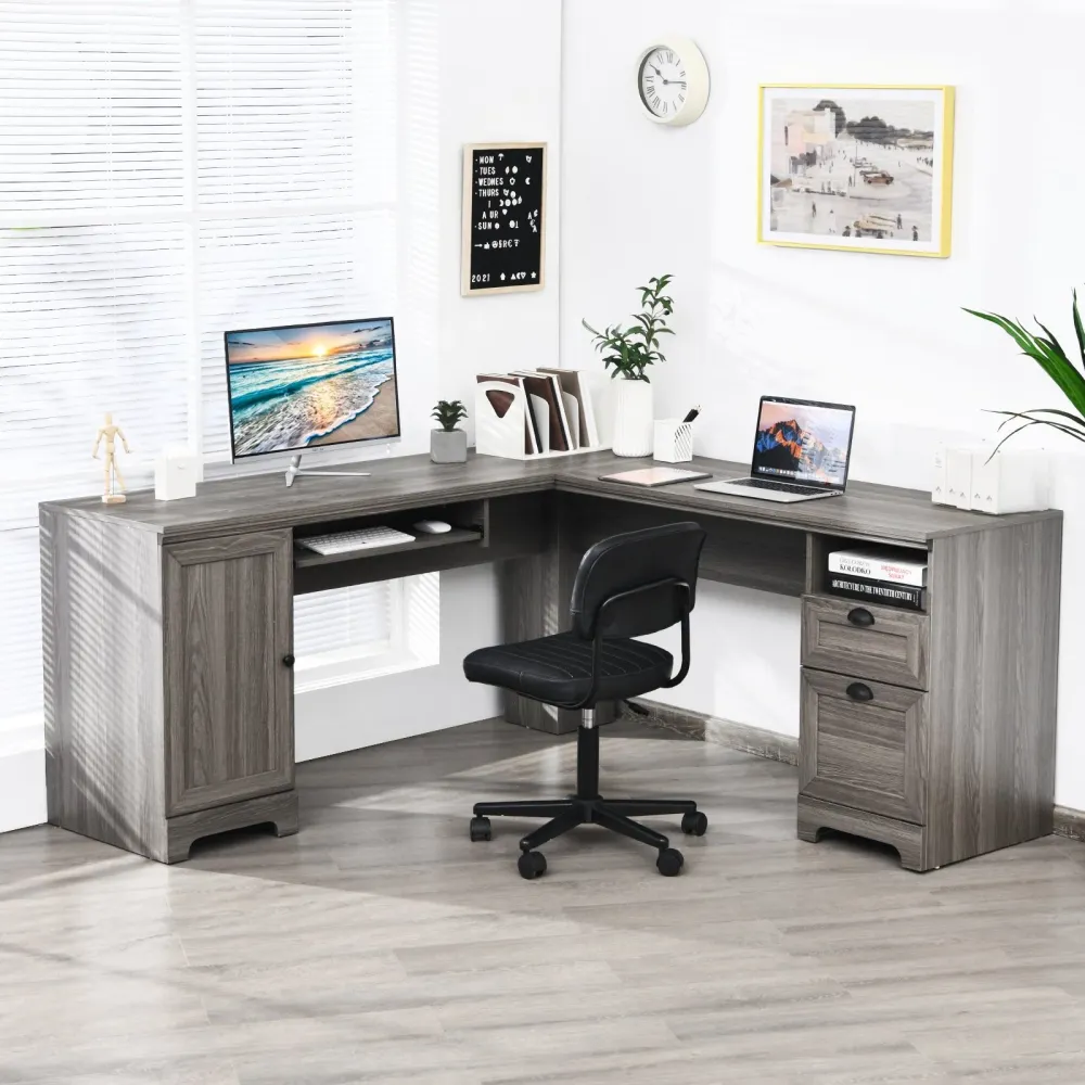 Bureau d'ordinateur en forme de L de 66 pouces avec tiroirs-gris Costway