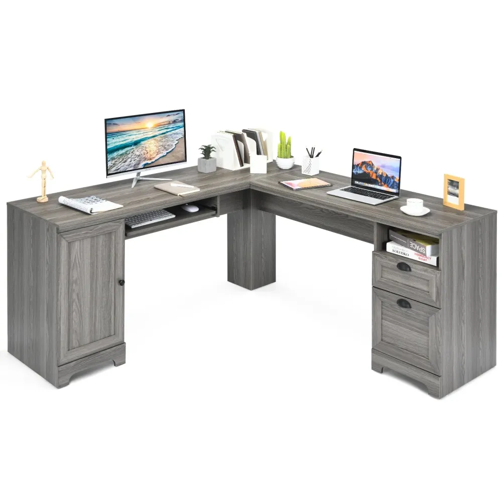 Bureau d'ordinateur en forme de L de 66 pouces avec tiroirs-gris Costway