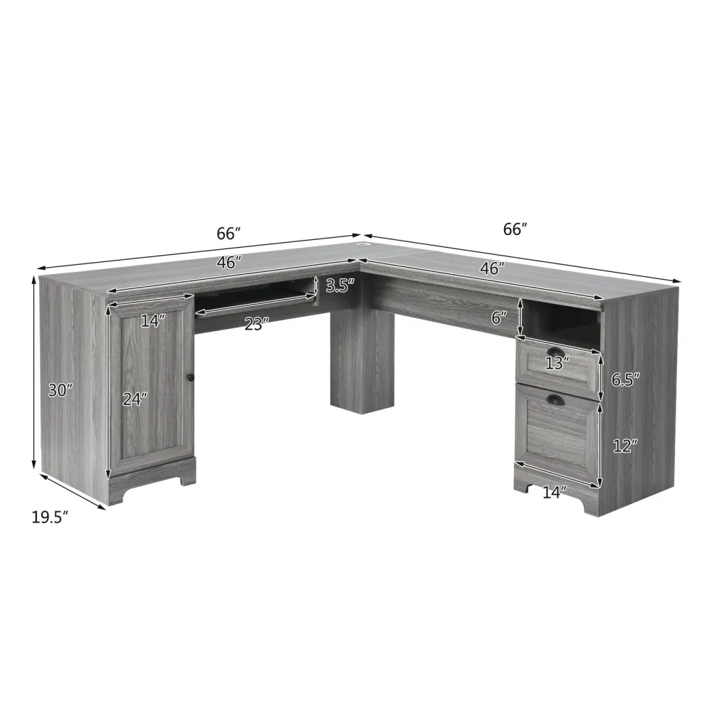 Bureau d'ordinateur en forme de L de 66 pouces avec tiroirs-gris Costway