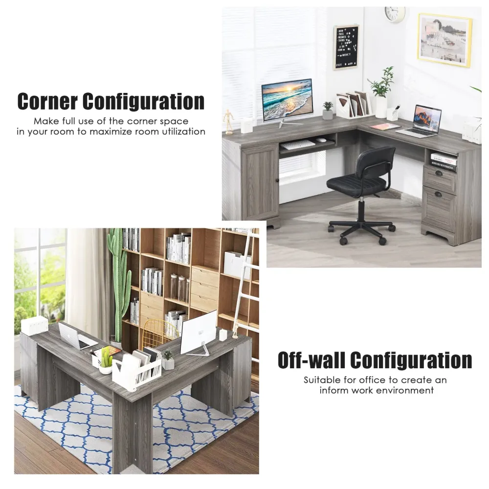 Bureau d'ordinateur en forme de L de 66 pouces avec tiroirs-gris Costway