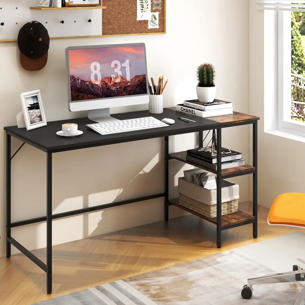 Bureau d'étude de style industriel moderne de 55 pouces avec 2 étagères de rangement - Noir Costway