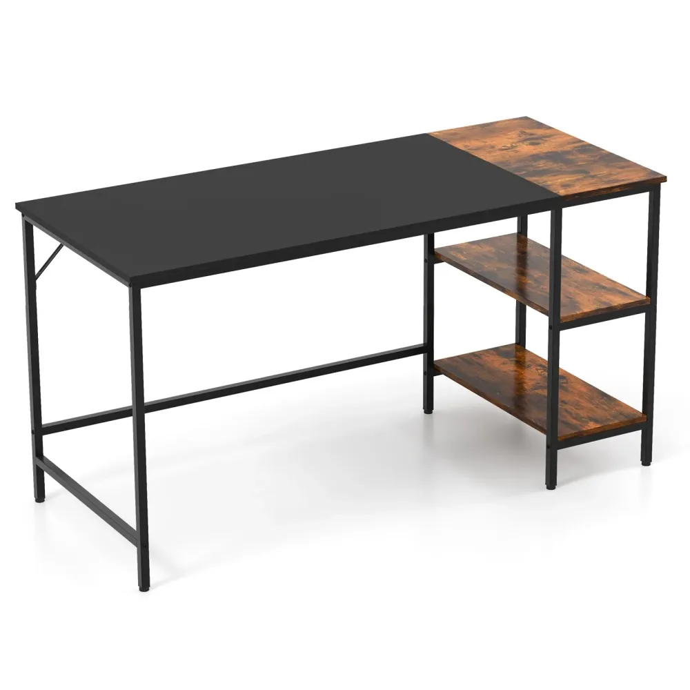 Bureau d'étude de style industriel moderne de 55 pouces avec 2 étagères de rangement - Noir Costway