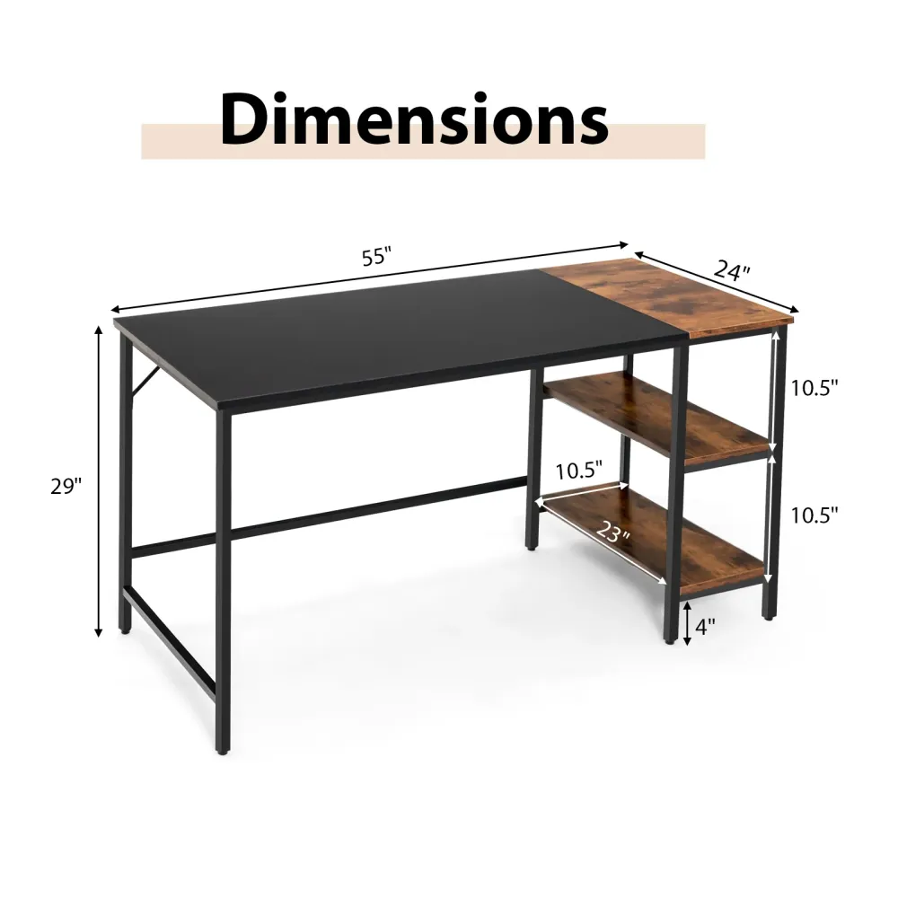 Bureau d'étude de style industriel moderne de 55 pouces avec 2 étagères de rangement - Noir Costway