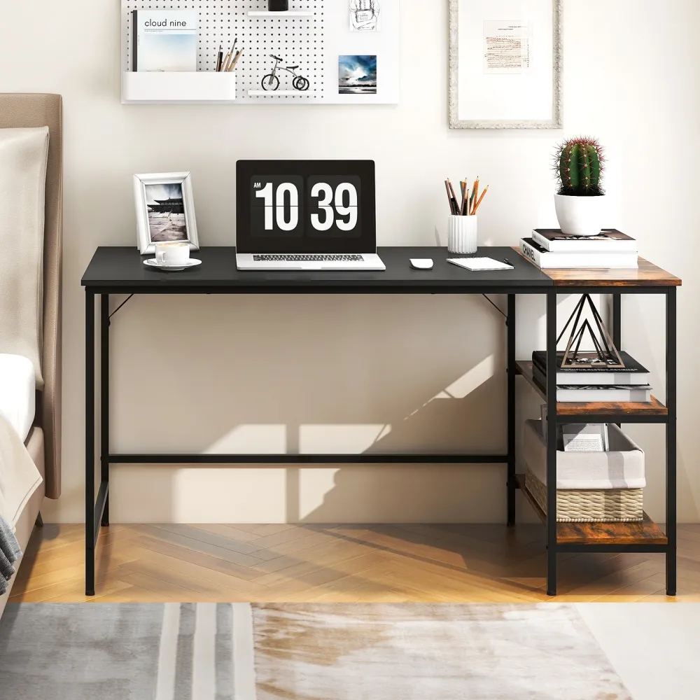 Bureau d'étude de style industriel moderne de 55 pouces avec 2 étagères de rangement - Noir Costway