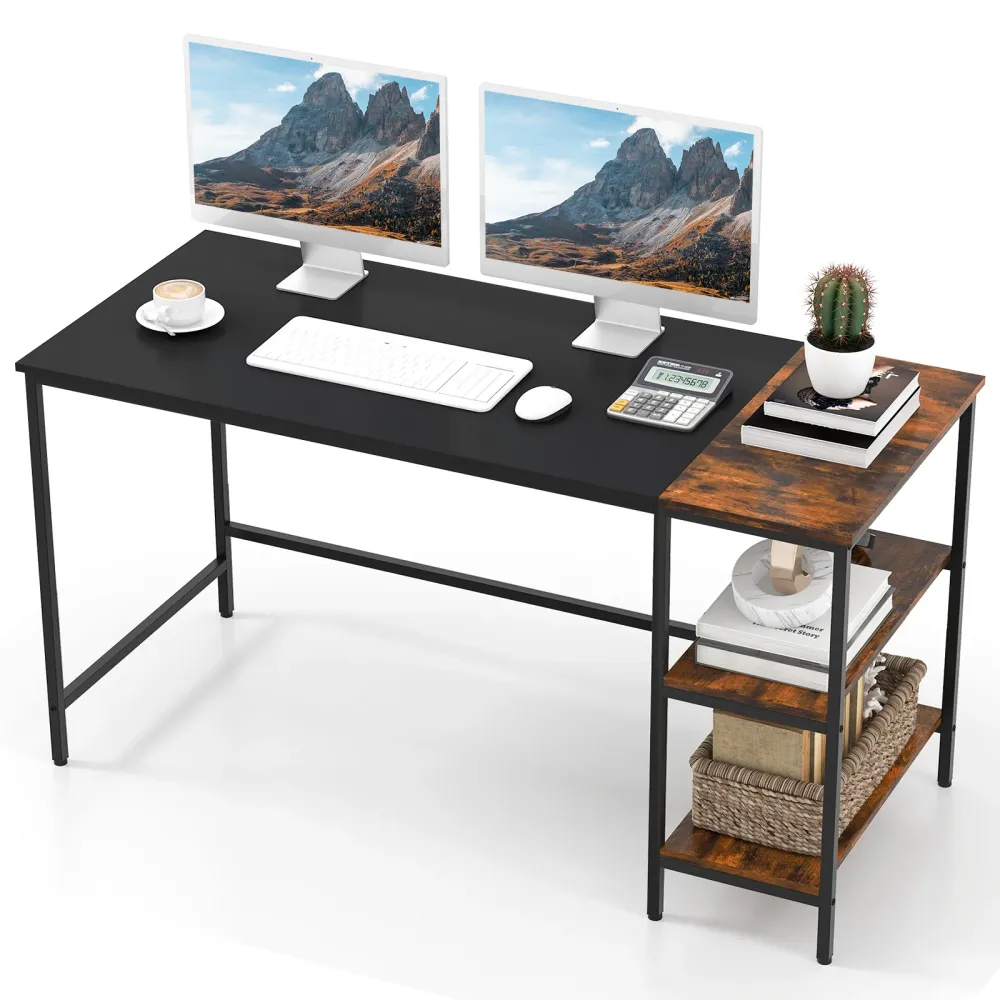 Bureau d'étude de style industriel moderne de 55 pouces avec 2 étagères de rangement - Noir Costway