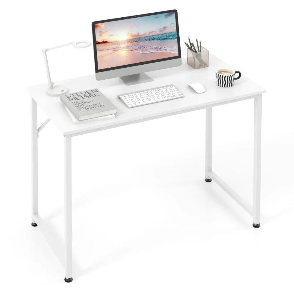 Petit bureau d'ordinateur de 40 pouces avec cadre en métal robuste - Blanc Costway