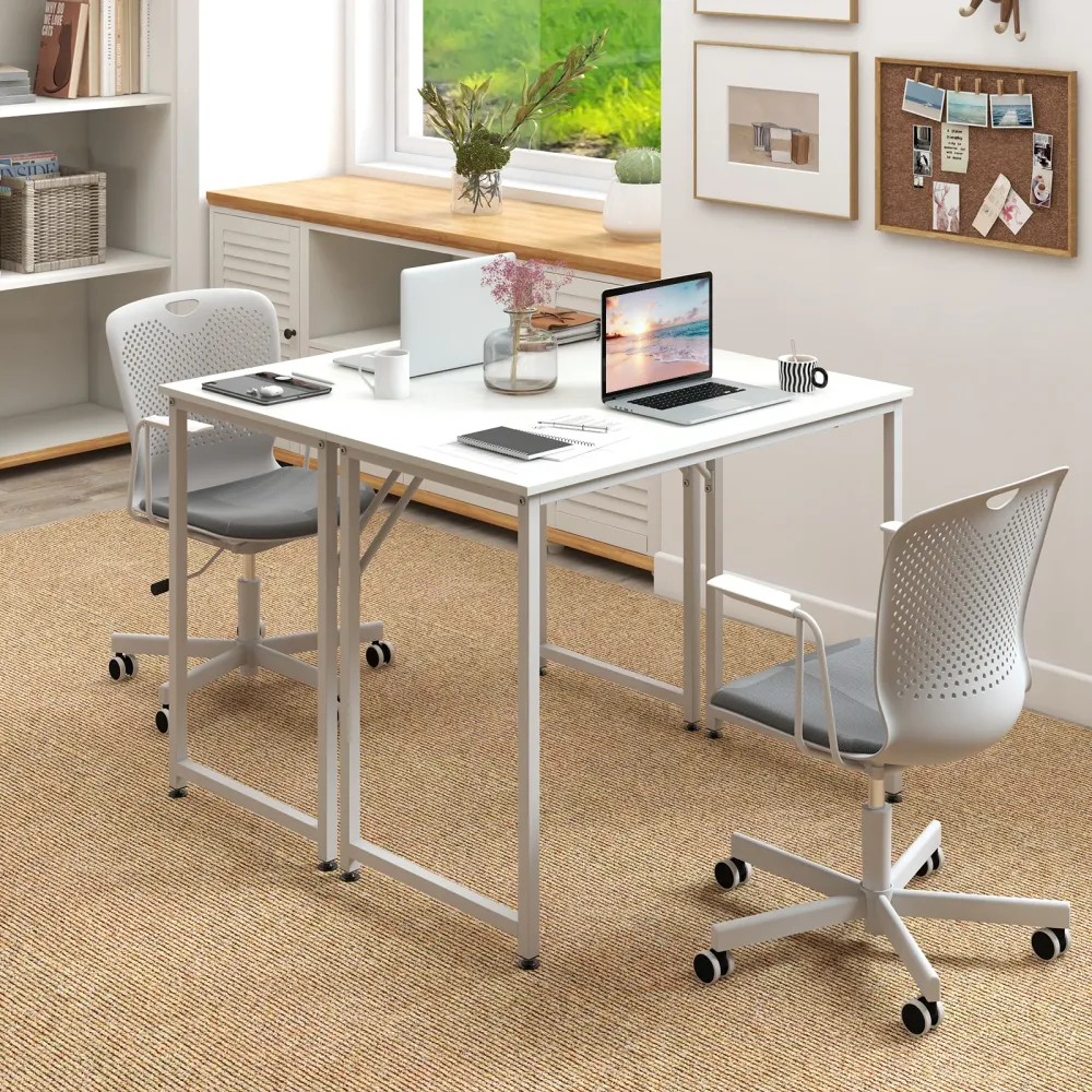 Petit bureau d'ordinateur de 40 pouces avec cadre en métal robuste - Blanc Costway