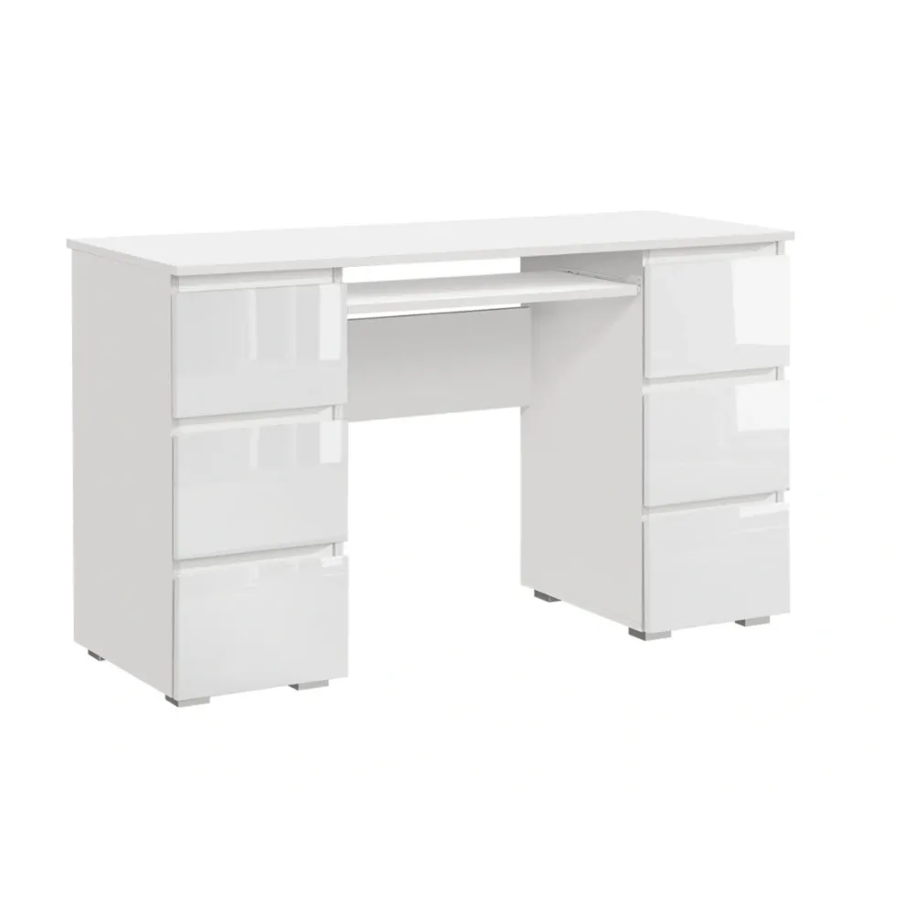 CUBA - Bureau d'ordinateur - 6 Tiroirs à Ouverture par Pression et Plateau pour Clavier - H78cm L130cm P50cm (Blanc/Blanc...