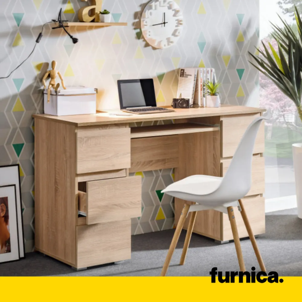 CUBA - Bureau d'ordinateur - 6 Tiroirs à Ouverture par Pression et Plateau pour Clavier - H78cm L130cm P50cm (Chêne Sonoma)