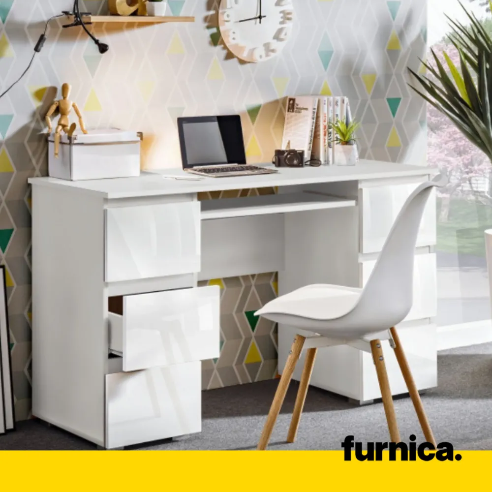 CUBA - Bureau d'ordinateur - 6 Tiroirs à Ouverture par Pression et Plateau pour Clavier - H78cm L130cm P50cm (Blanc/Blanc...