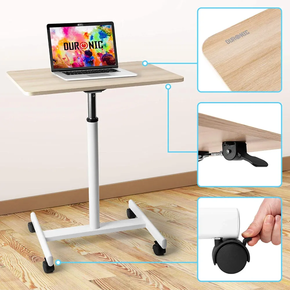 Duronic WPS67 Table de travail mobile assis-debout | Support à roulettes | Blanc – brun | Grande surface 70 x 48 cm pour P...