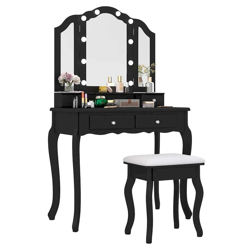 Ensemble coiffeuse Costway avec miroir triptyque, éclairage LED et 4 tiroirs - Voir les détails
