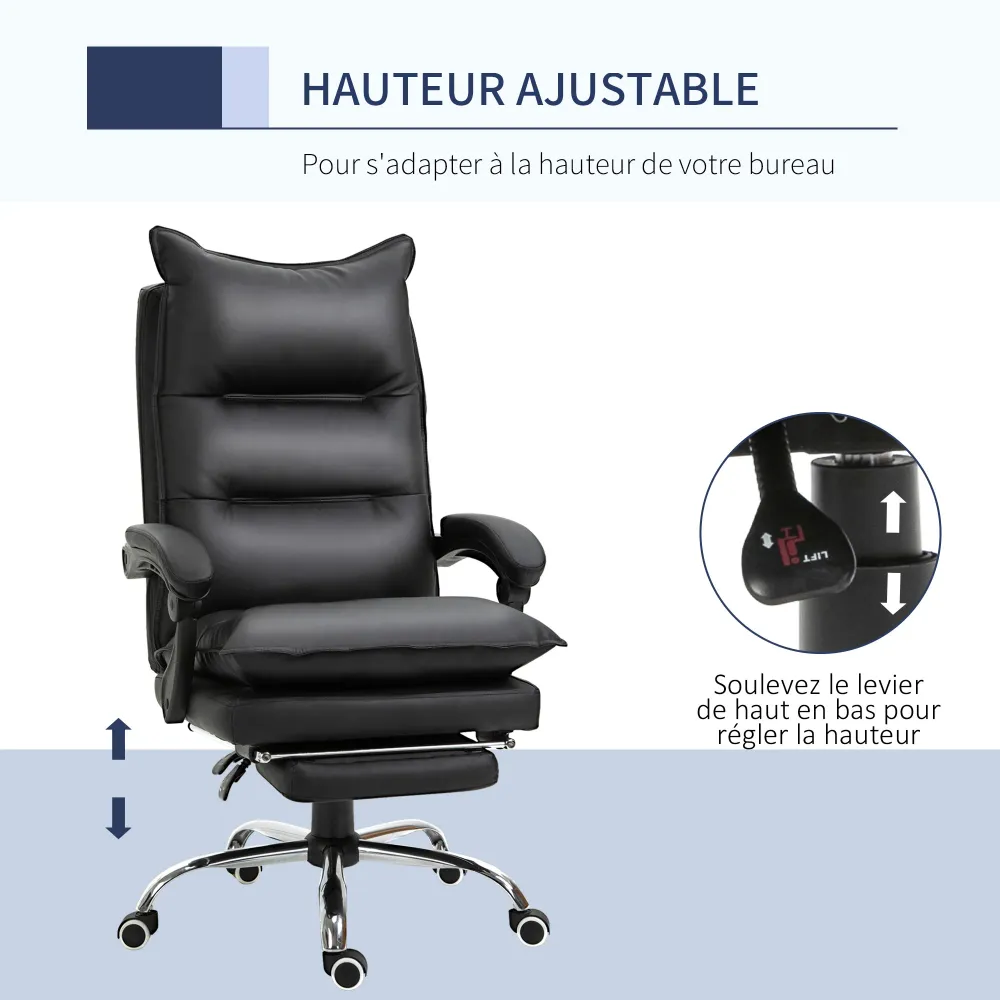 Fauteuil de bureau, chaise bureau ergonomique en similicuir avec large assise rembourrée, dossier inclinable, hauteur régl...