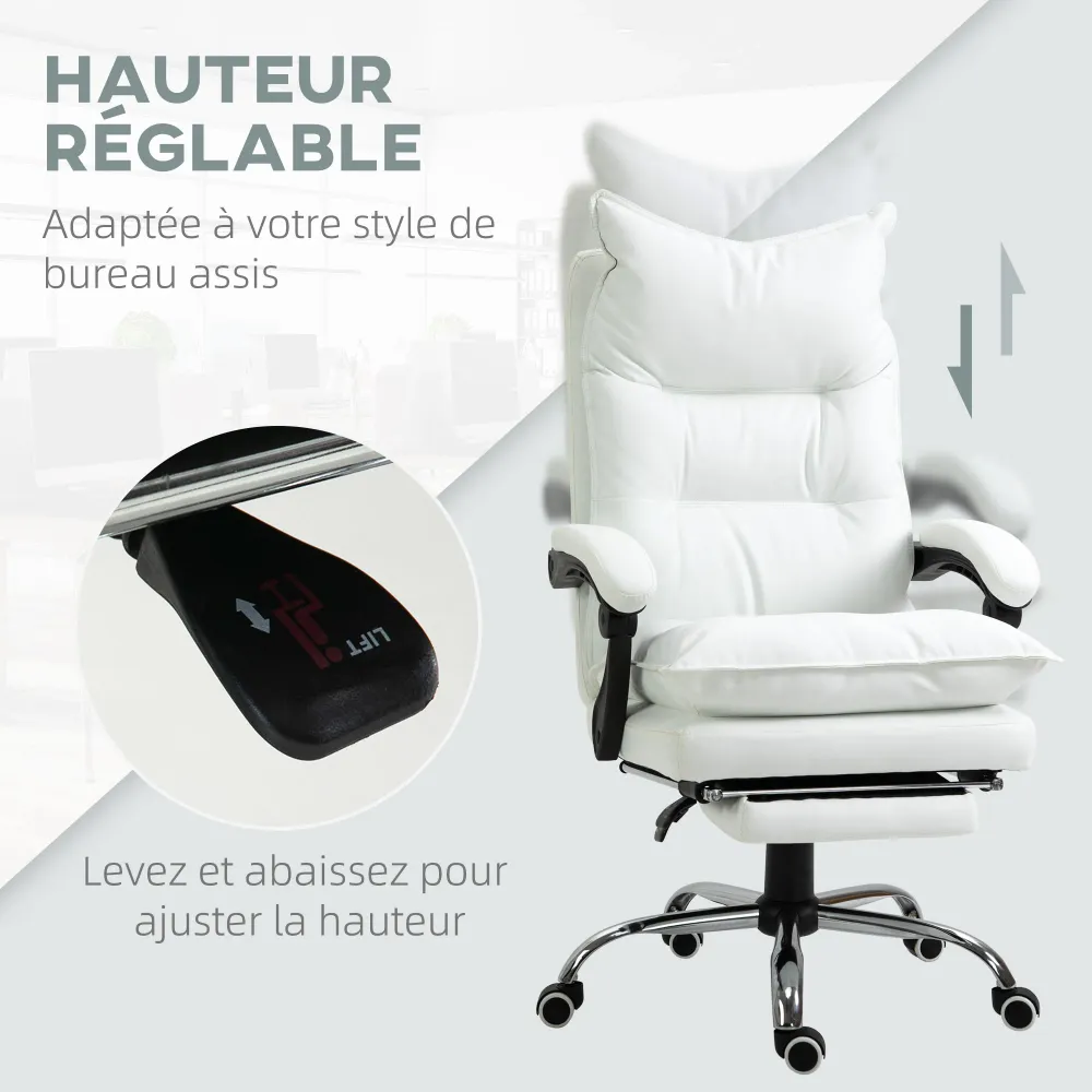 Fauteuil de bureau, chaise bureau ergonomique en similicuir avec large assise rembourrée, dossier inclinable, hauteur régl...
