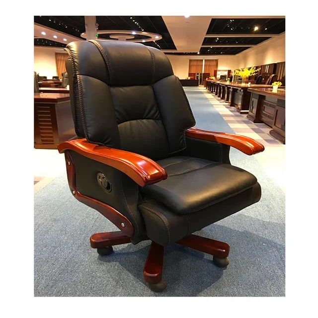 Fauteuil de bureau en cuir véritable et bois massif, édition luxe