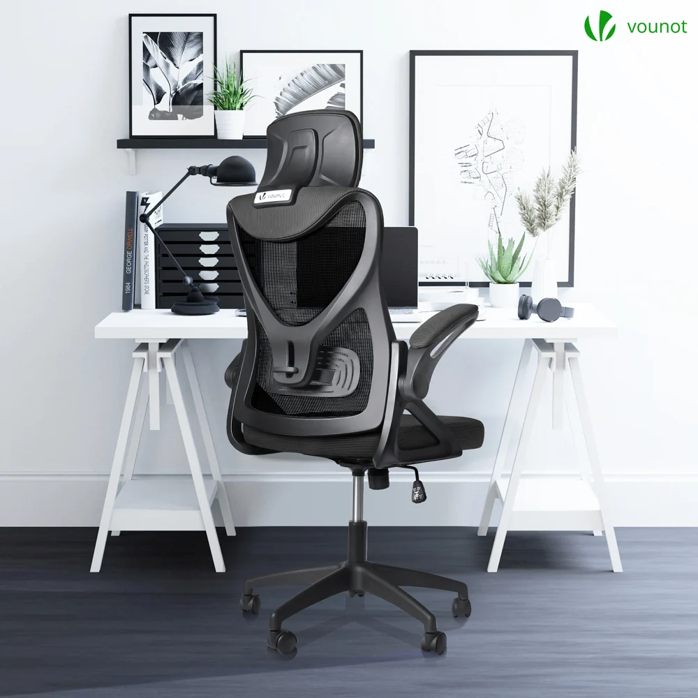 Fauteuil de Bureau Ergonomique pivotant avec appui tête et dossier toile respirant Noir