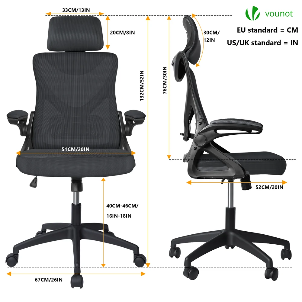 Fauteuil de Bureau Ergonomique pivotant avec appui tête et dossier toile respirant Noir