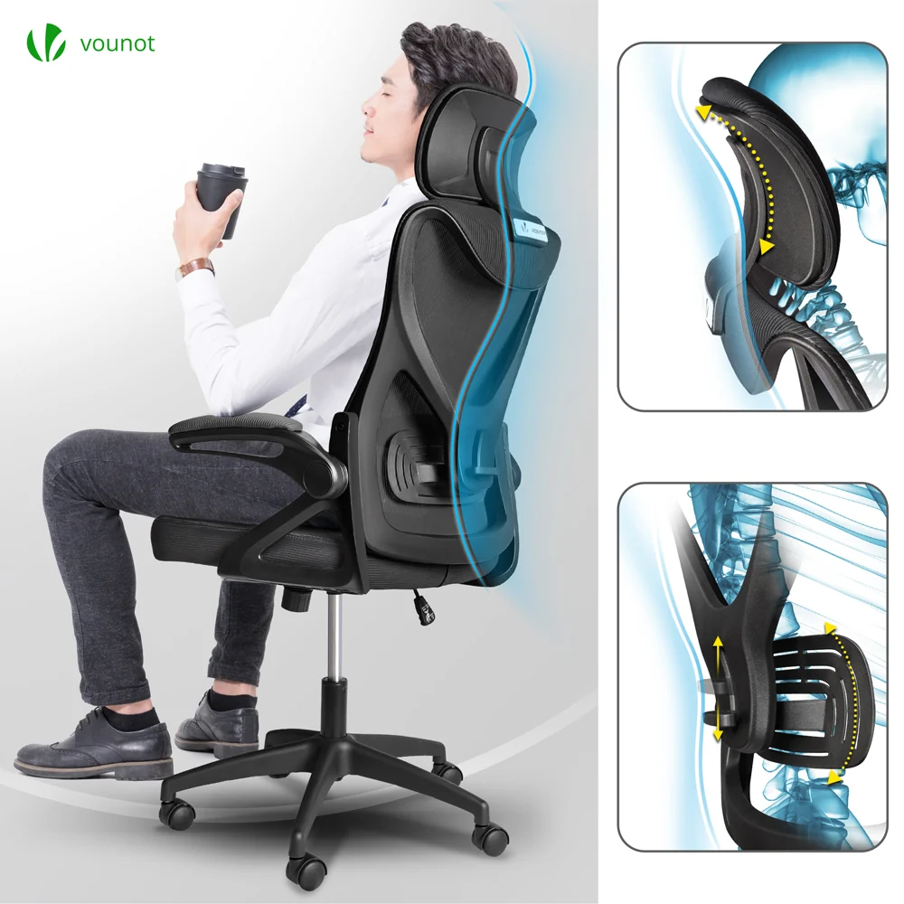 Fauteuil de Bureau Ergonomique pivotant avec appui tête et dossier toile respirant Noir