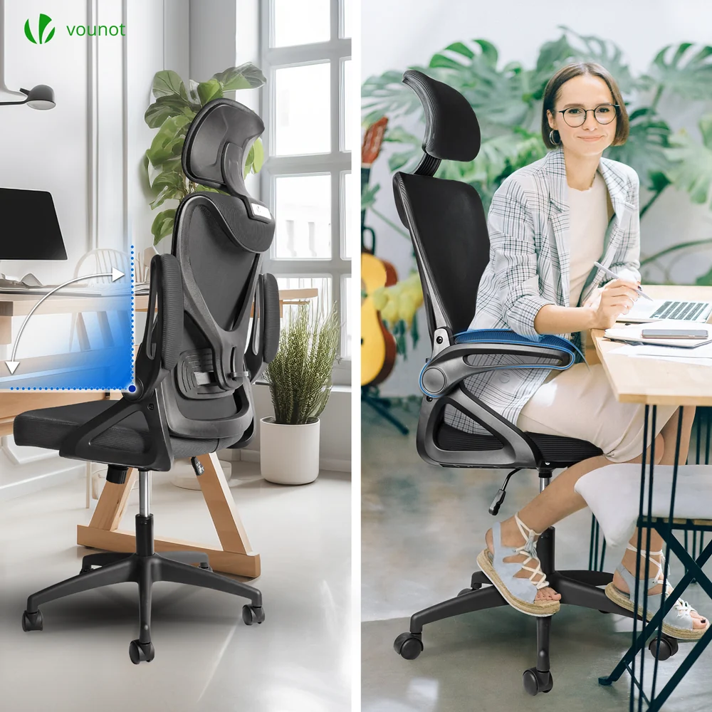 Fauteuil de Bureau Ergonomique pivotant avec appui tête et dossier toile respirant Noir