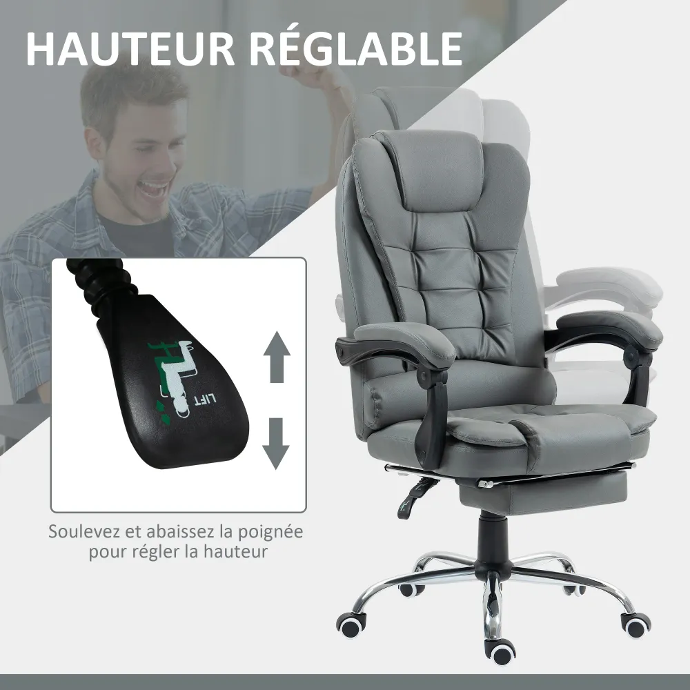 Fauteuil de bureau fauteuil manager grand confort dossier inclinable roulettes PU 64,5 x 69 x 117 cm gris