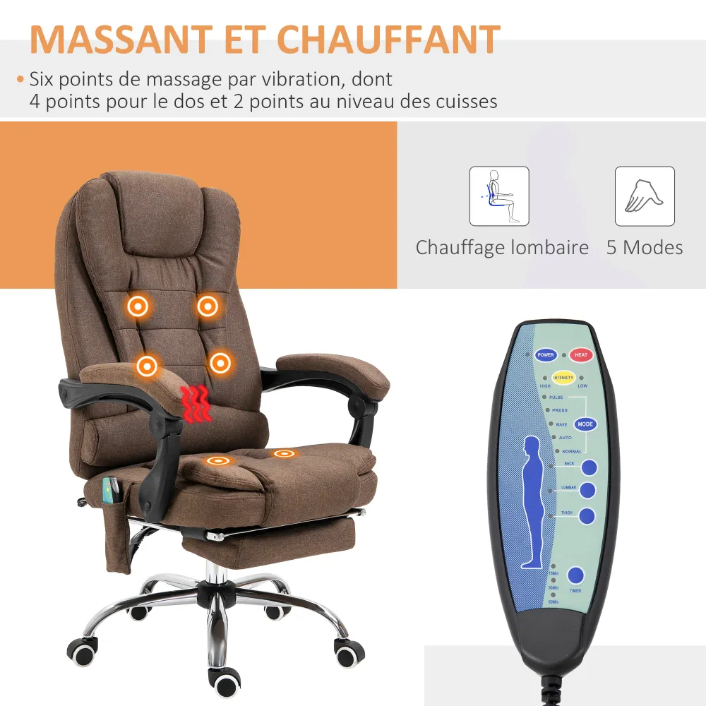 Fauteuil de bureau massant chauffant fauteuil bureau ergonomique hauteur réglable dossier inclinable repose-pied + coussin...