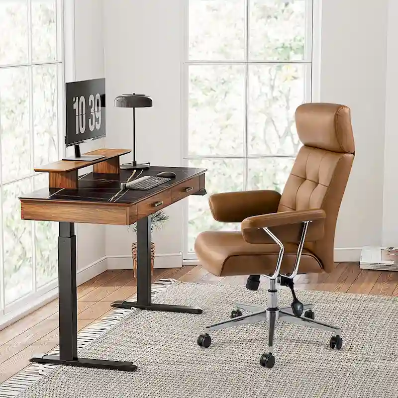 Fauteuil de bureau pivotant à dossier haut réglable en similicuir marron Glitzhome, style moderne du milieu du siècle, ave...