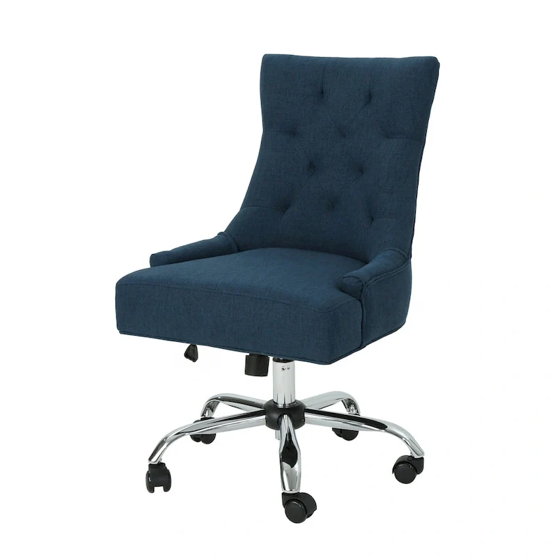 Fauteuil de bureau pivotant Ovi, tissu bleu marine, dossier capitonné, roulettes