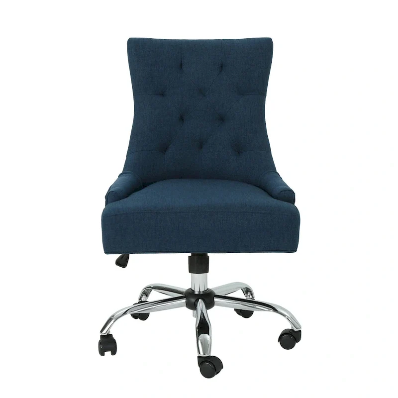 Fauteuil de bureau pivotant Ovi, tissu bleu marine, dossier capitonné, roulettes