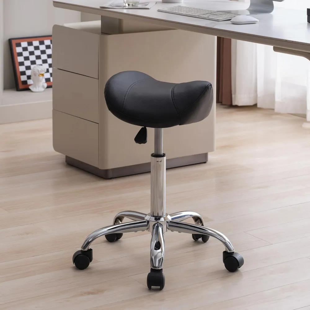 FIRAVOE Tabouret Selle Roulant 18–26'' — Hauteur Réglable, Rotation 360°, Cuir PU Noir