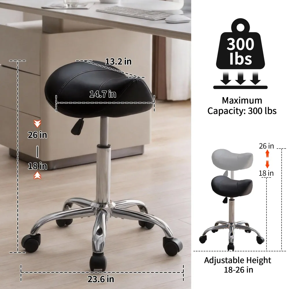 FIRAVOE Tabouret Selle Roulant 18–26'' — Hauteur Réglable, Rotation 360°, Cuir PU Noir