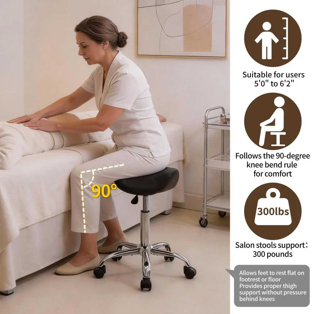 FIRAVOE Tabouret Selle Roulant 18–26'' — Hauteur Réglable, Rotation 360°, Cuir PU Noir