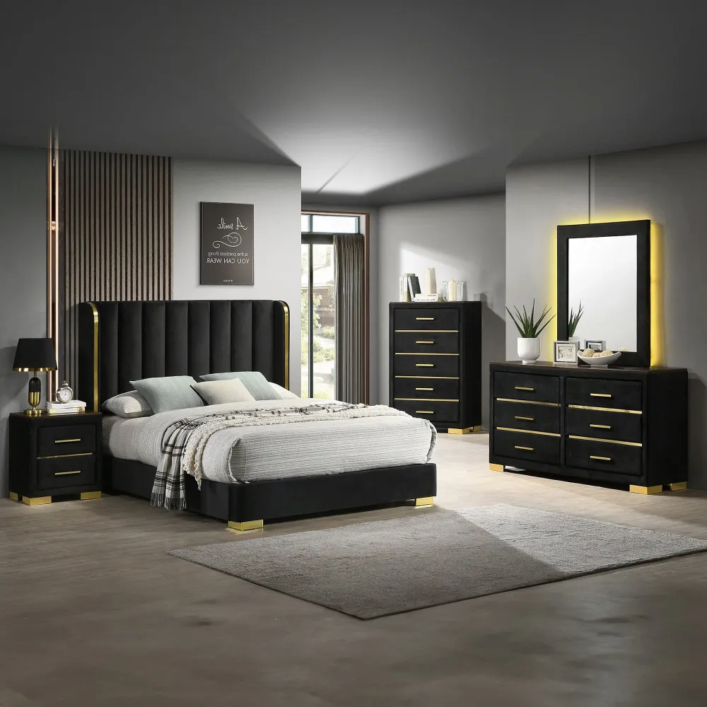 Madison - Ensemble De Chambre À Coucher - Velour Noir et Or Queen IFDC