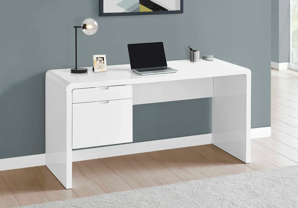 LOUNA – Bureau blanc lustré de 60 po avec tiroirs