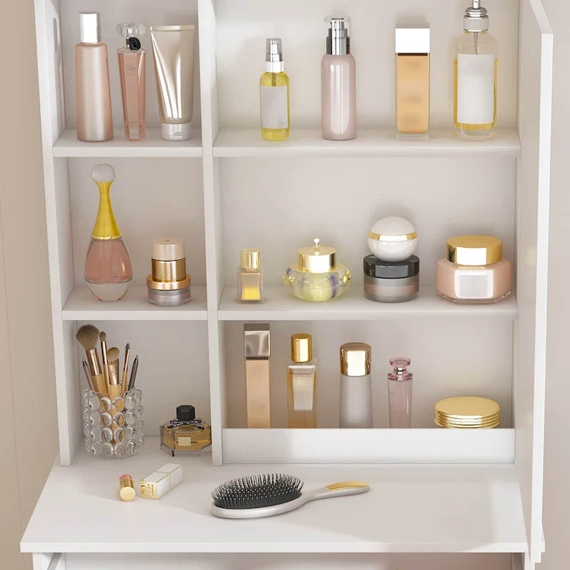 Mini coiffeuse moderne avec miroir éclairé par LED et rangement dissimulé