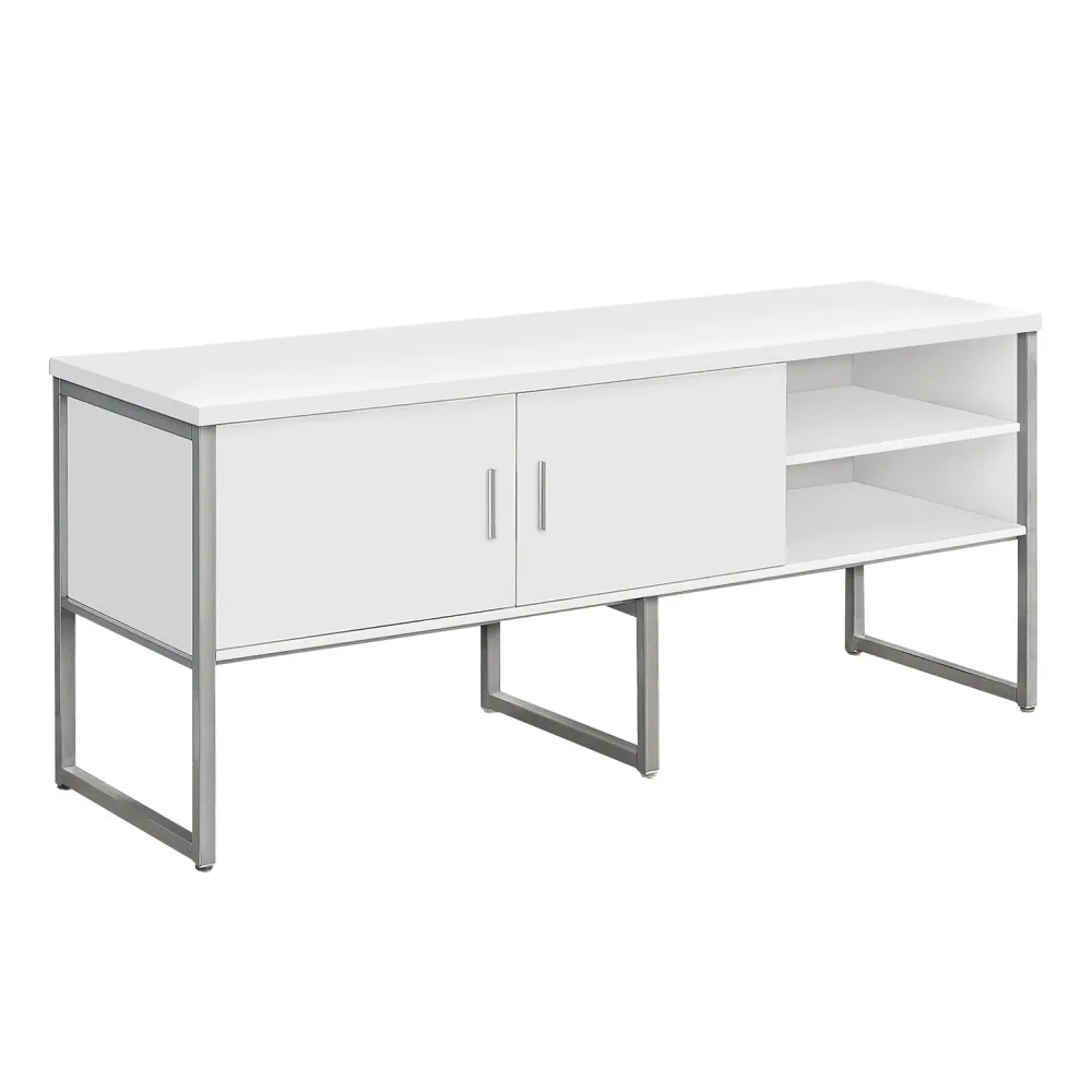 I 7727 - Credence De Bureau, 72"L, Travail, Travail, Portes De Stockage, Qualité Commerciale, Stratifié Blanc, Métal Argen...