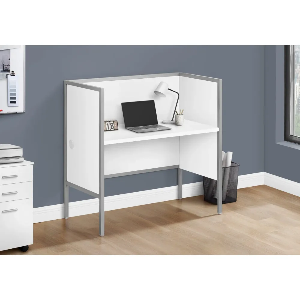 I 7729 - Bureau Cloison, 48"L, Bureau, Travail, Qualité Commerciale, Stratifié Blanc, Métal Argenté, Contemporain, Moderne...