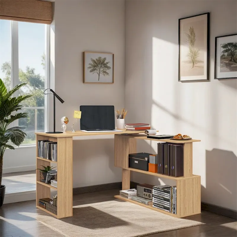 Bureau d'angle en forme de L, bureau de bureau à domicile pivotant à 360 degrés avec étagères My Store