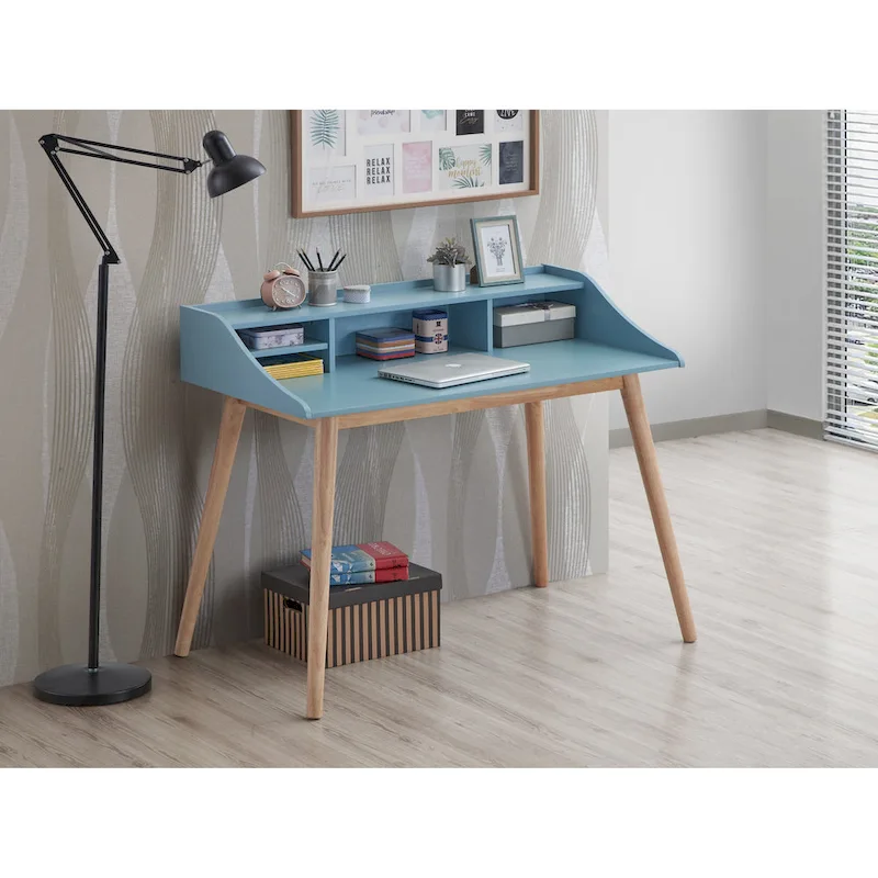 Bureau d'ordinateur de style moderne du milieu du siècle avec étagères et 4 pieds en bois, idéal pour un petit bureau à do...