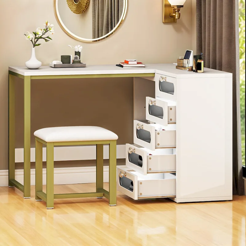 Ensemble bureau en L Moasis à 5 tiroirs avec tabouret rembourré et éclairage LED My Store