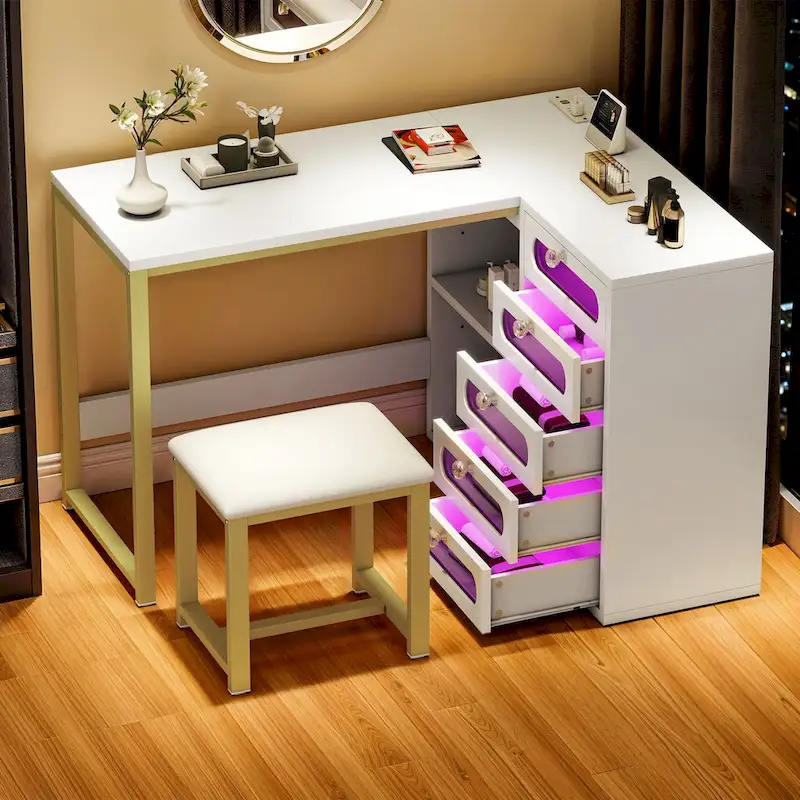 Ensemble bureau en L Moasis à 5 tiroirs avec tabouret rembourré et éclairage LED My Store