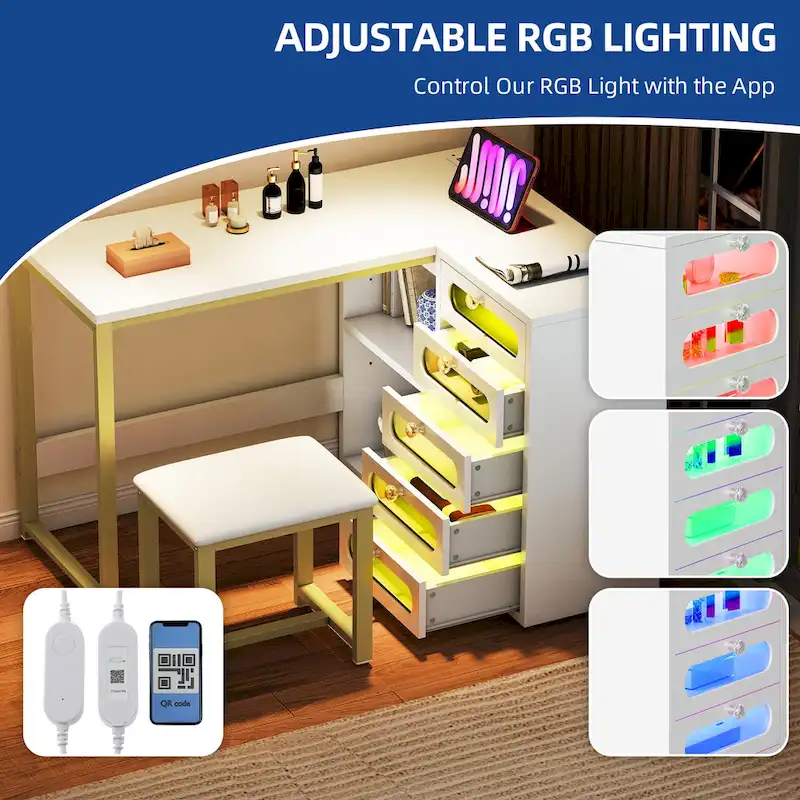 Ensemble bureau en L Moasis à 5 tiroirs avec tabouret rembourré et éclairage LED My Store