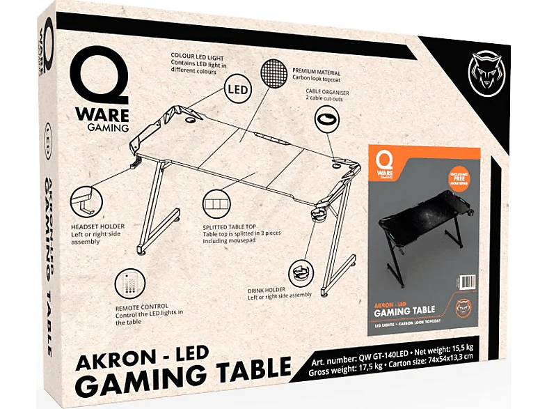 QWARE Bureau Gaming Akron RGB Noir (QW GT-140LED)