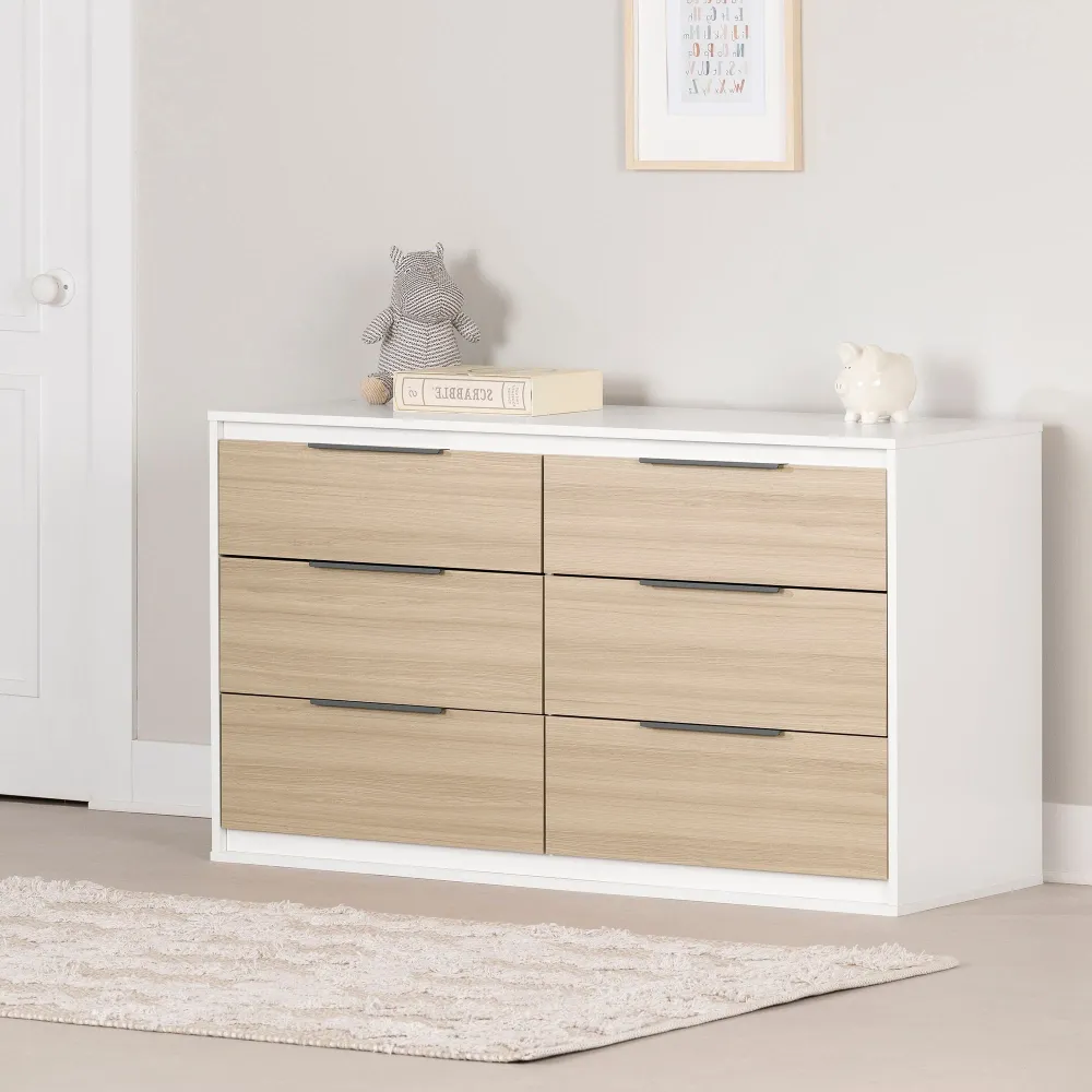 Bureau double 6 tiroirs Hourra - Orme naturel et Blanc South Shore